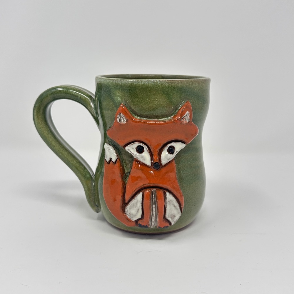 MudWorks Pottery Fox Coffee Mug Handcrafted Green Ceramic Studio Art Lisa USA